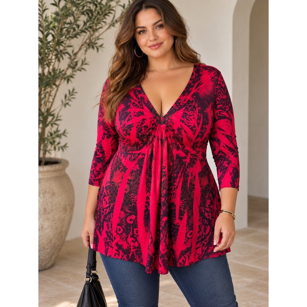 One World Pink Navy Abstract Rhinestone Tunic Top 2X Y2K Boho Maximalist Artsy